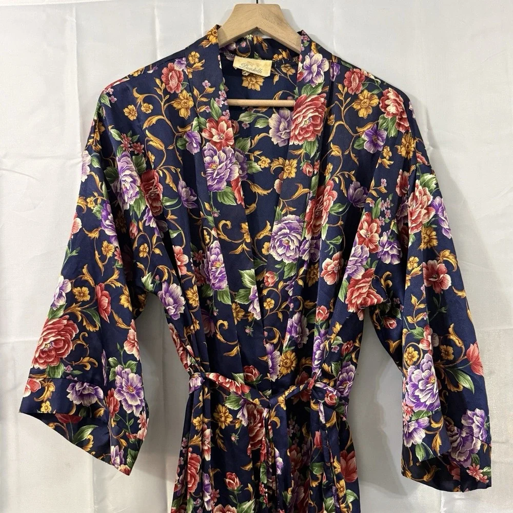 VTG Dentelle L Satin Navy Blue Floral Robe Sleepwear Lounge Kimono Cottagecore‎